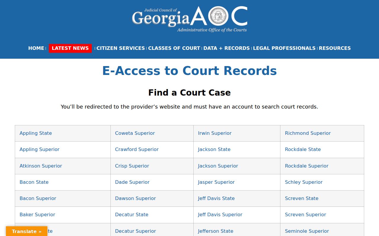 Georgia Courts E-Access court records directory used for Hart County