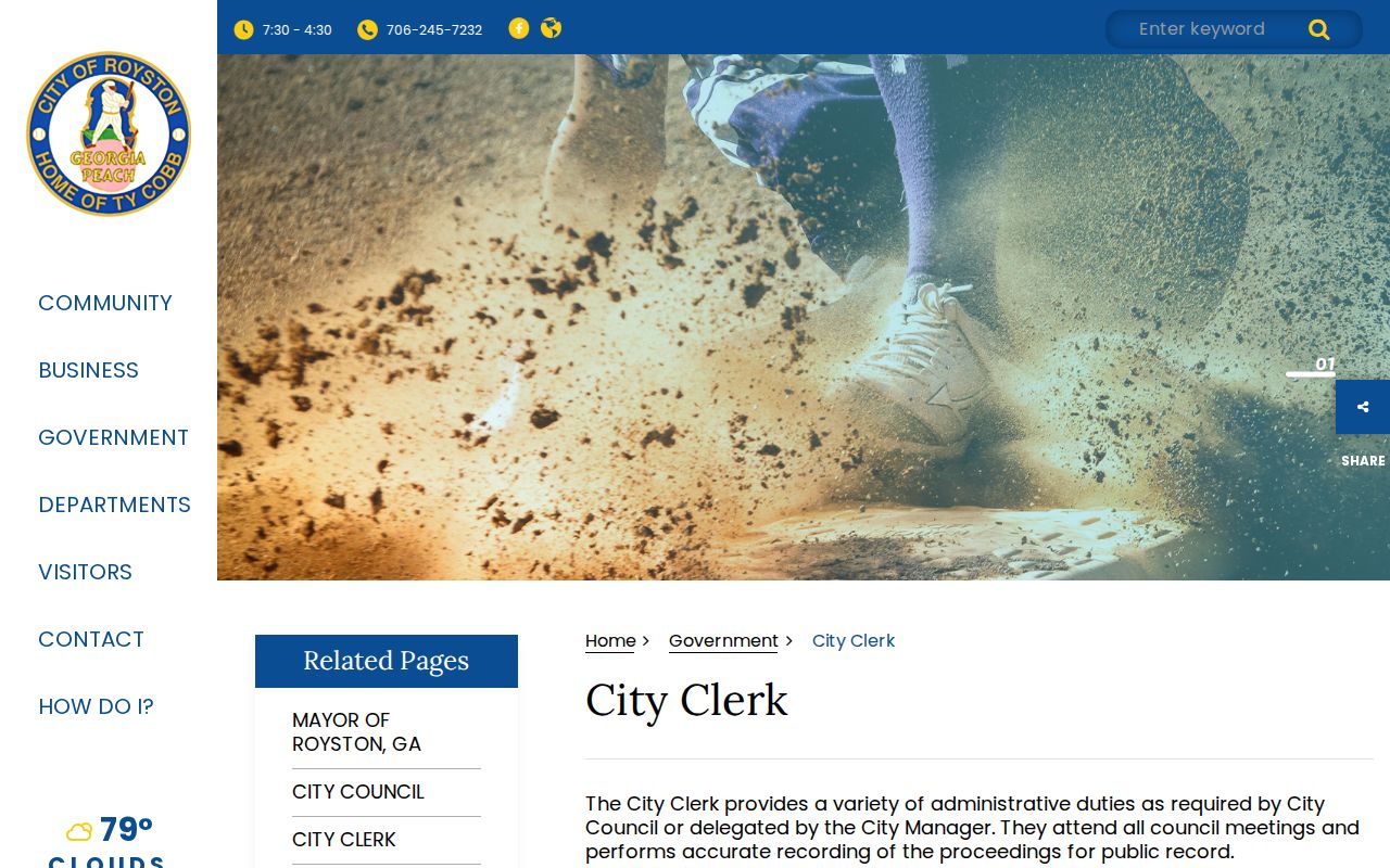 Royston City Clerk page describing city public records duties